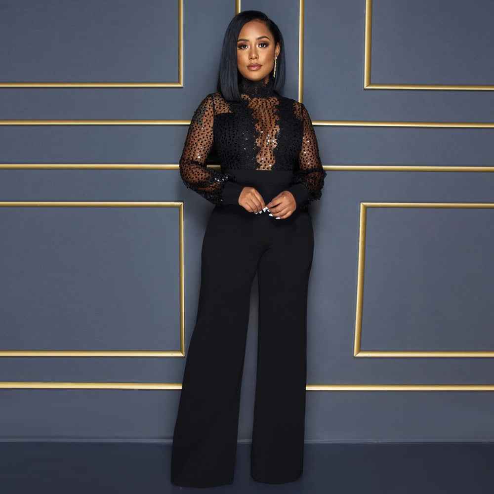 Party Turtleneck Sequin Lace Sheer Long Sleeve Top Loose Jumpsuit Women