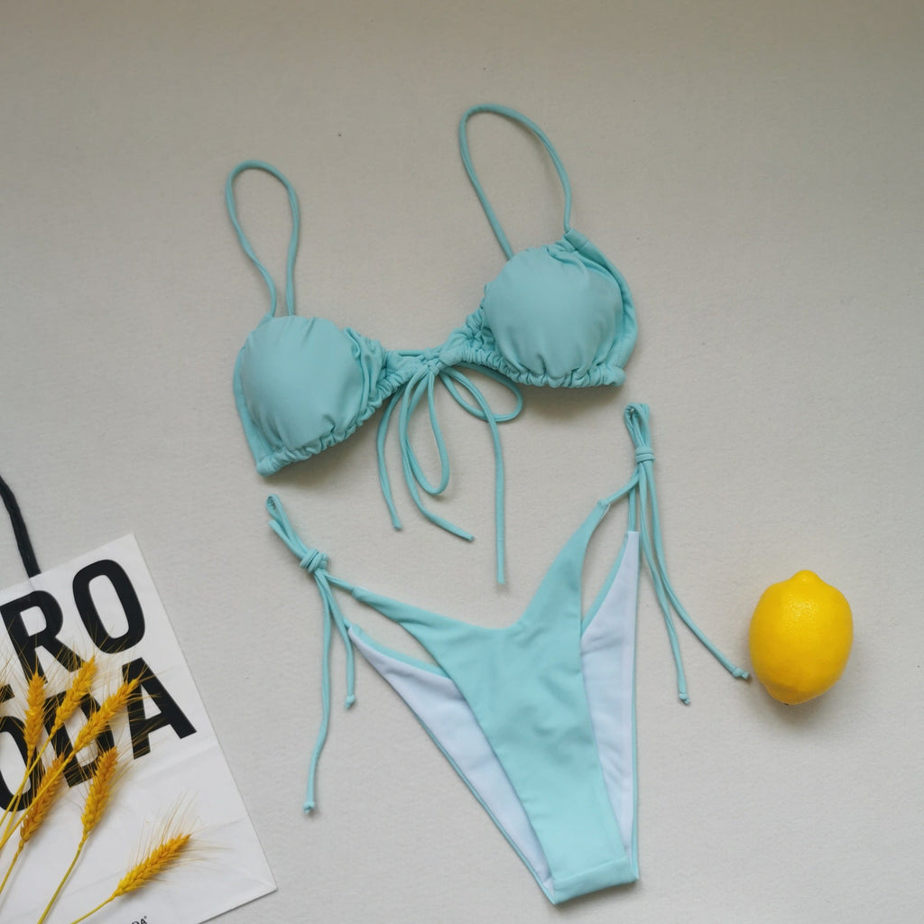 Sling Bandage Swimsuit Women Pleated Push up Drawstring Sexy Solid Color Bikini Swimsuit