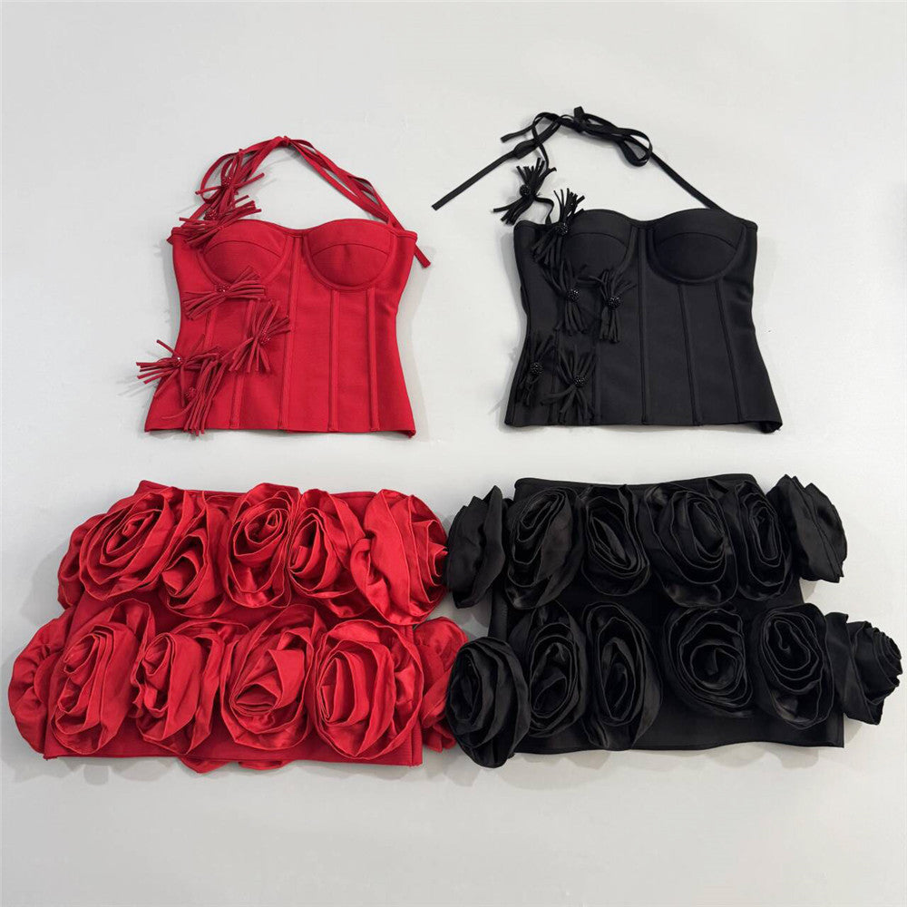 Halter Top Three Dimensional Floral Skirt Set Two Piece Bandage