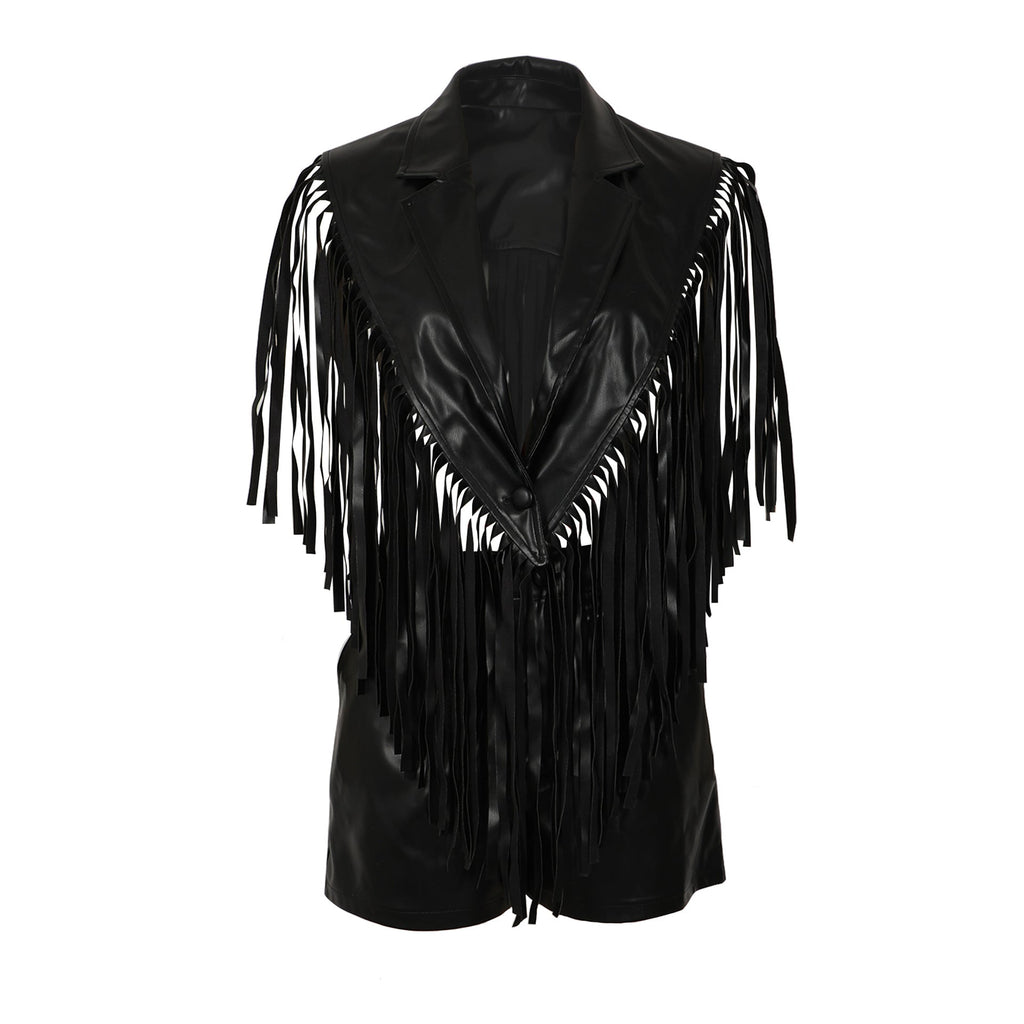 MUNSIEUR PU Leather Sleeveless Tassel Top Two Piece Bottoms Set