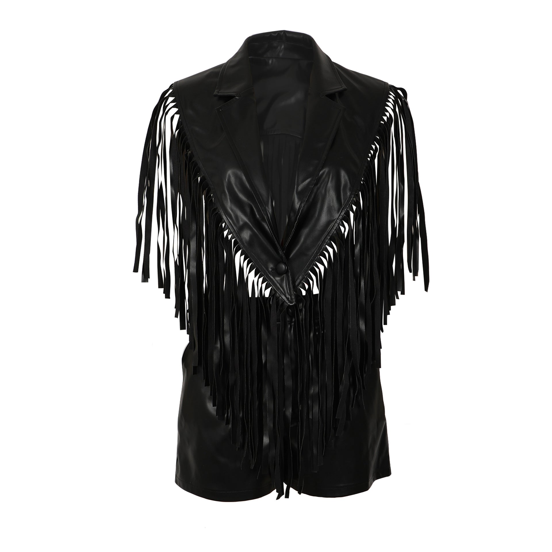 MUNSIEUR PU Leather Sleeveless Tassel Top Two Piece Bottoms Set
