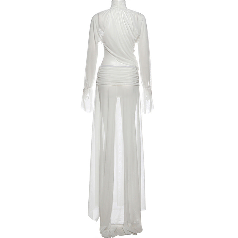See through Turtle Bell Sleeve Split Skirt Set