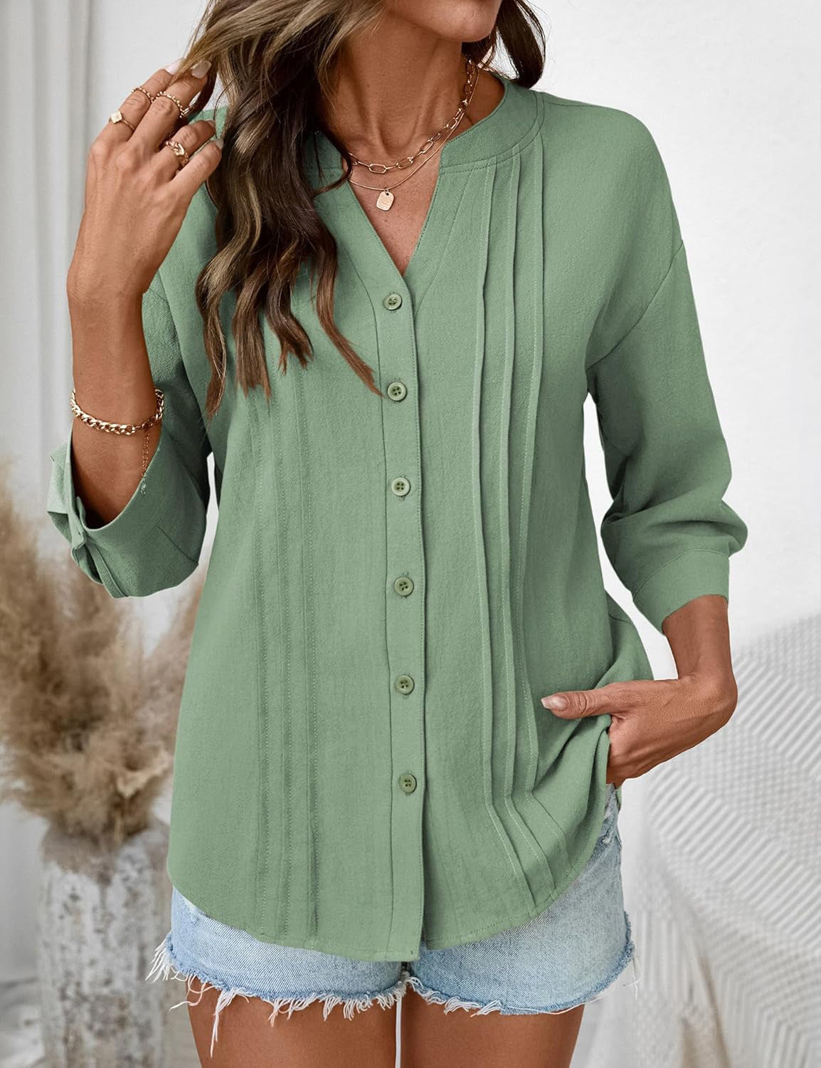 Half Open Collar Single Breasted Pleated Cropped Sleeve Blouse