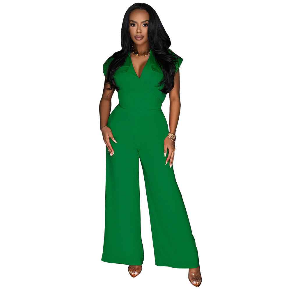 Women Solid Color Sleeveless V neck Wide Leg Jumpsuit