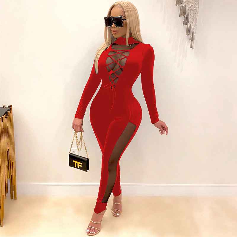 Sexy Lace Up Stitching See Through Long Sleeve Jumpsuit