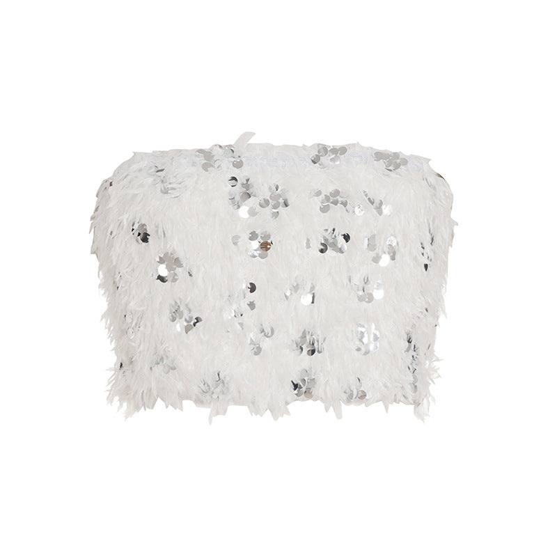 White Sequined Furry Bottoms Set