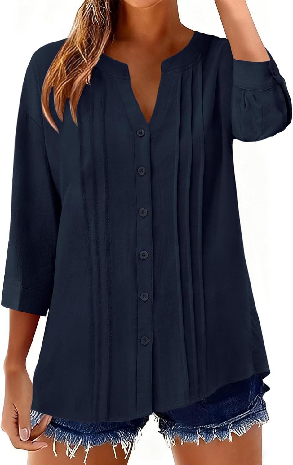 Half Open Collar Single Breasted Pleated Cropped Sleeve Blouse