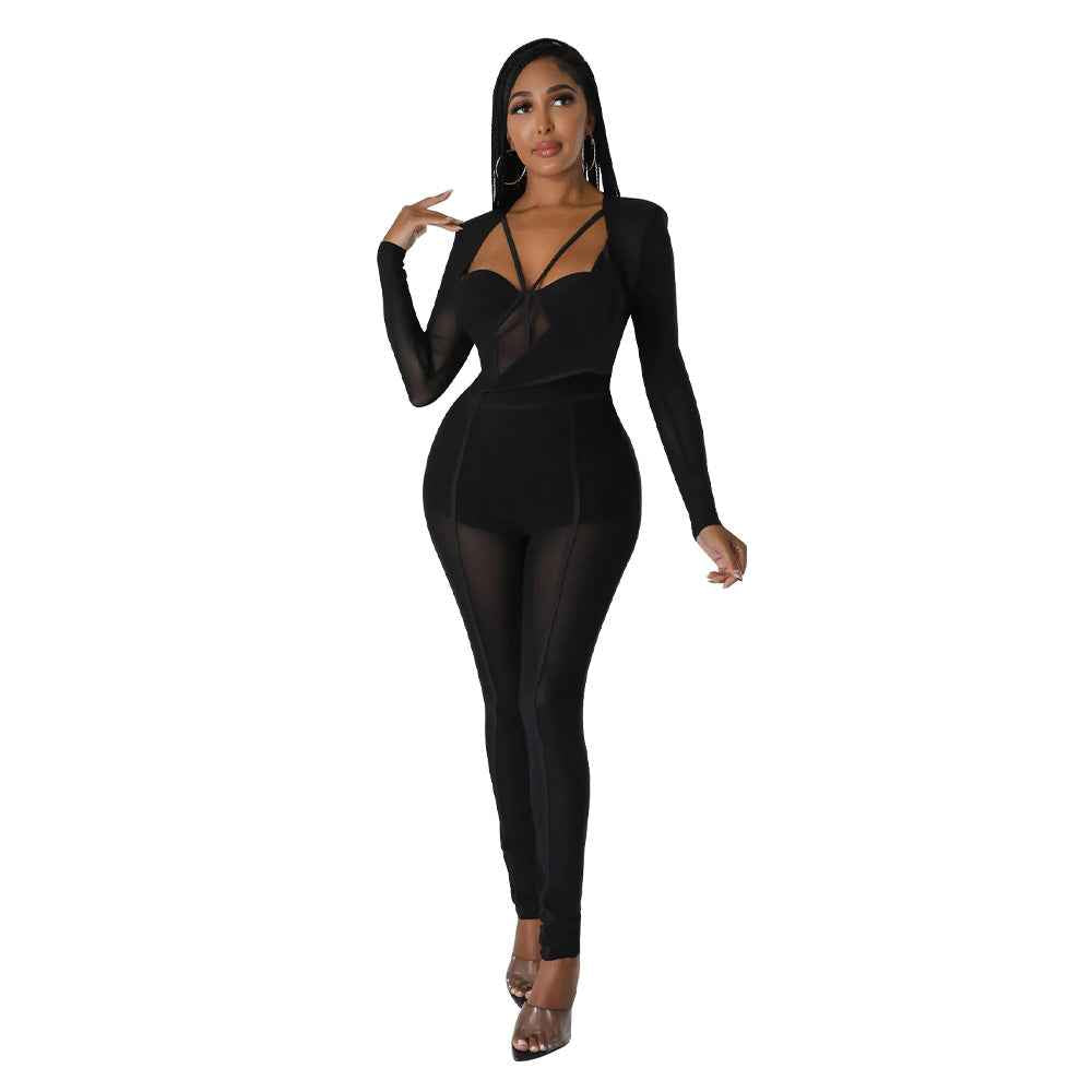 Solid Color Sexy See through Jumpsuit Women