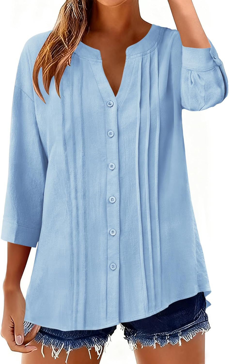 Half Open Collar Single Breasted Pleated Cropped Sleeve Blouse