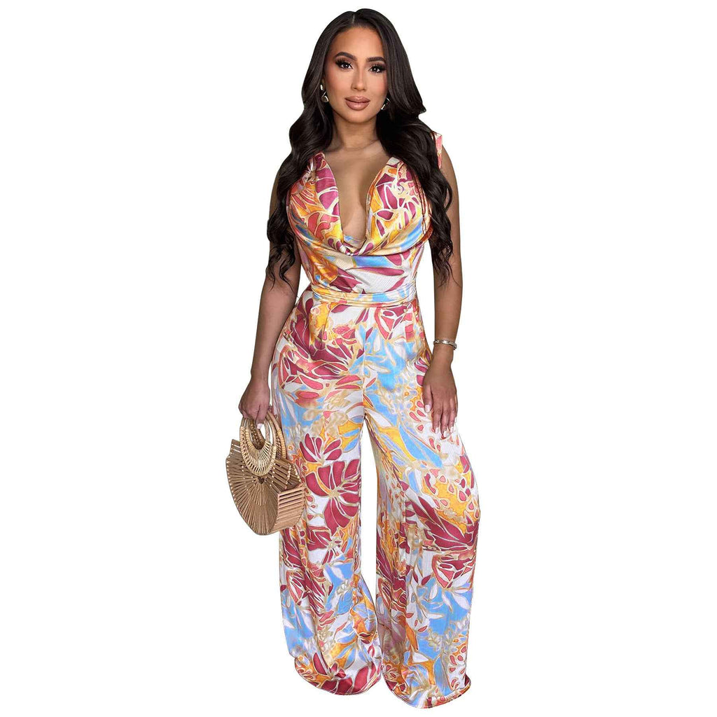 Sleeveless Lace up Wide Leg Printed Jumpsuit
