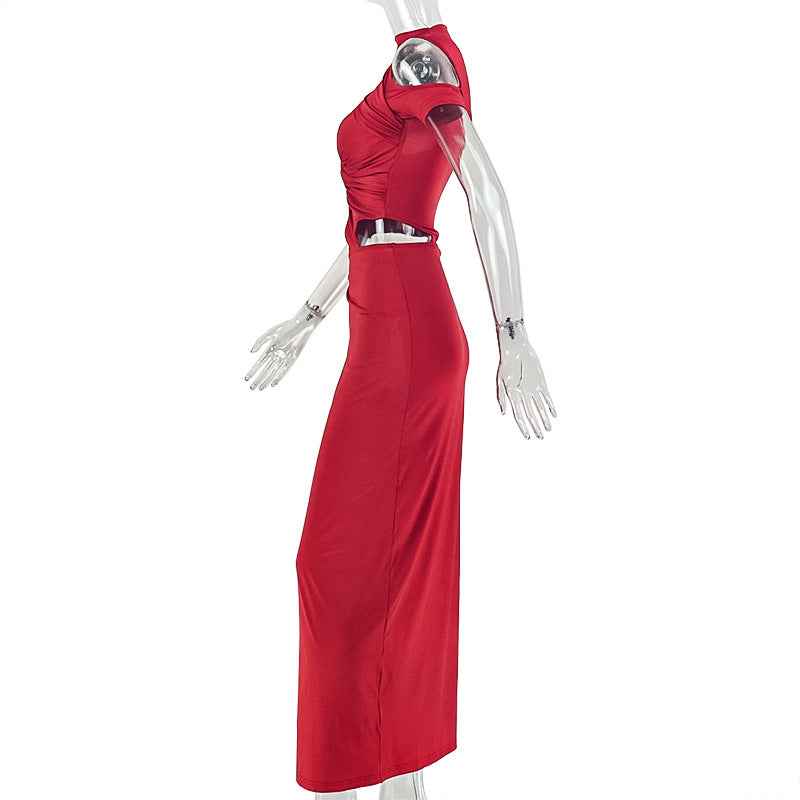 Solid Color Asymmetric  Pleated Dress