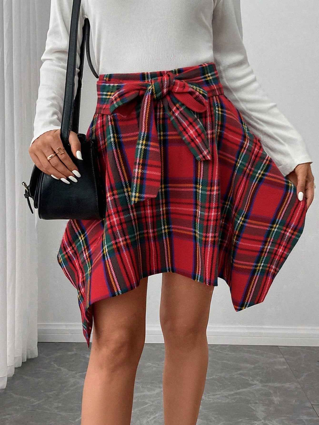 Asymmetric Hem Skirt Plaid Bow Bandage Mini Skirt