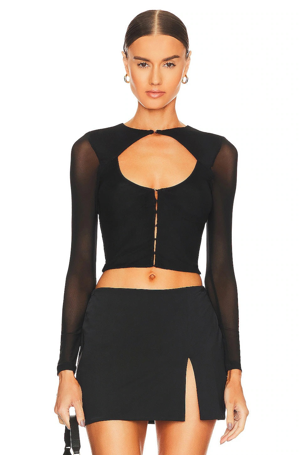 Black Long Sleeve Mesh Design Blouse Women Autumn Slim Fit Cardigan Buckle T shirt
