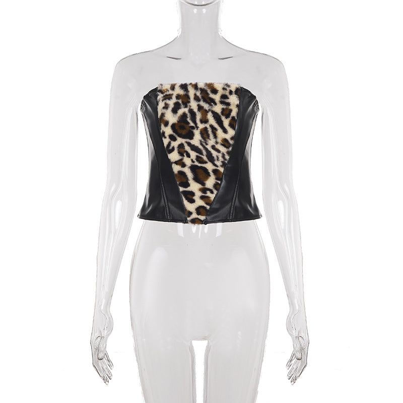 Leopard Fur Stitching Leather Hip Skirt Two Piece Set
