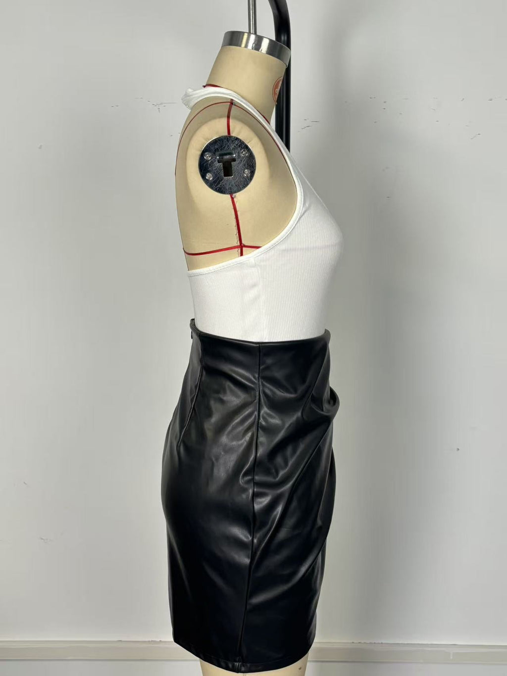 Faux Leather Skirt Sexy High Waist Sheath Pleating Irregular Asymmetric Slit