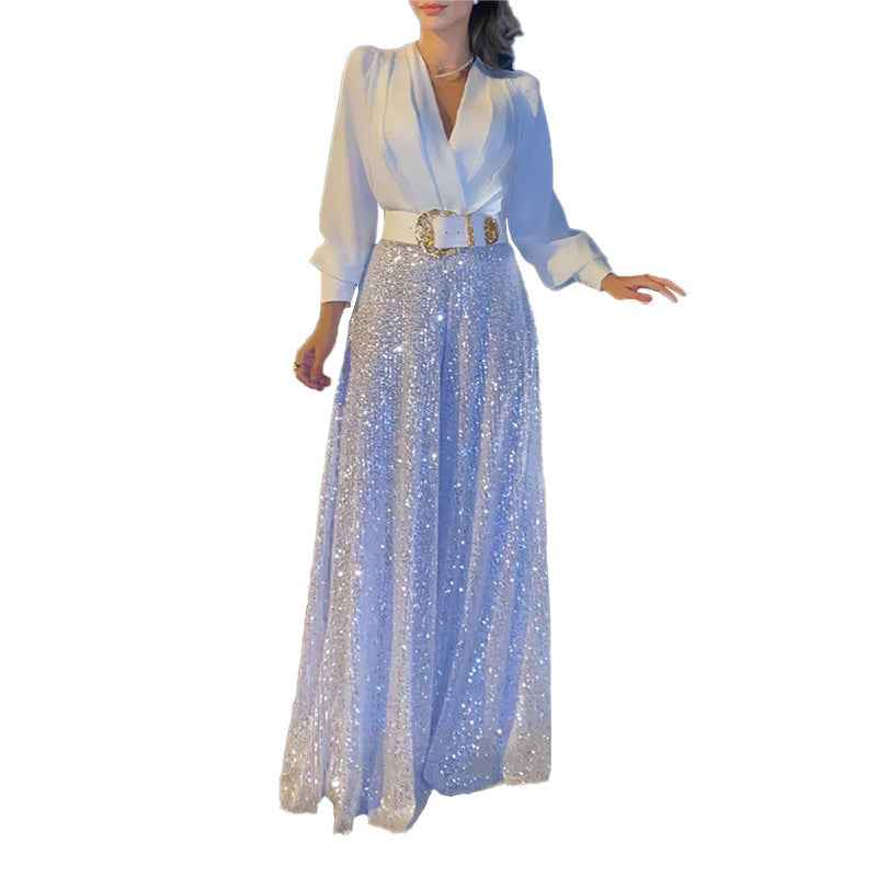 Long Sleeve Elegant Waist Slimming Sequined Jumpsuit