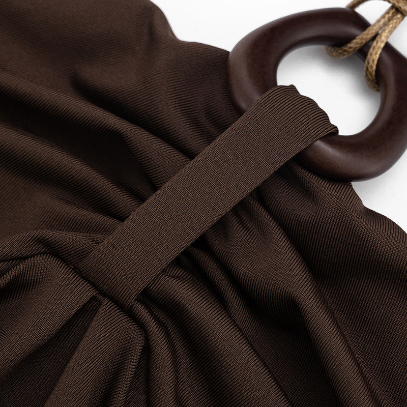 Spring Solid Color Pleated Backless Halter Sling Top T-shirt for Women