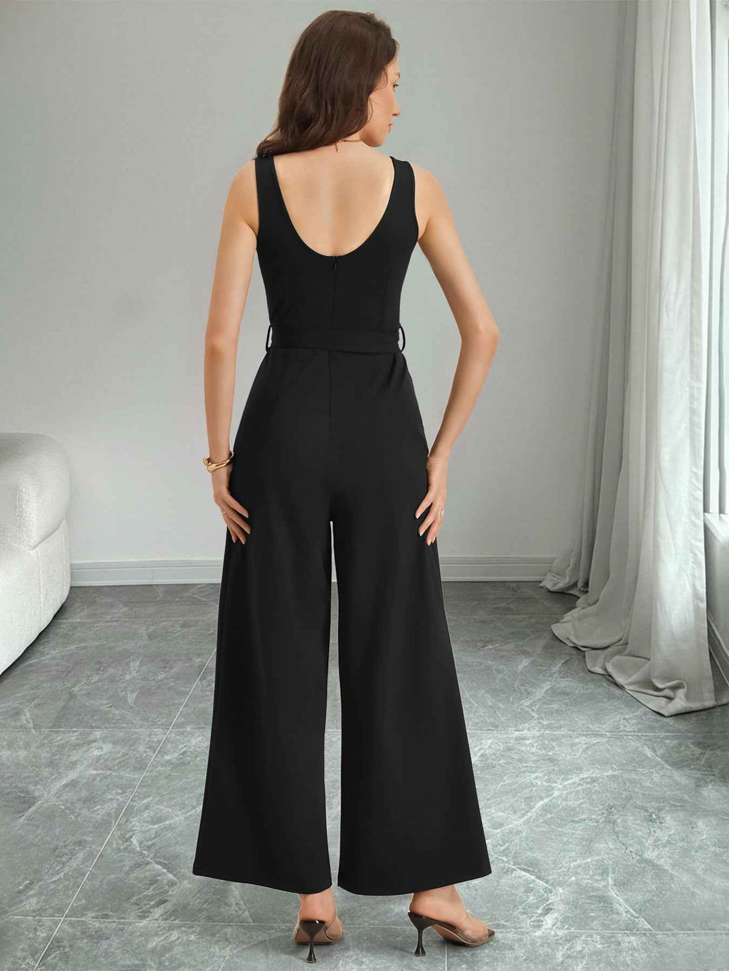 Elegant Black White Color Contrast Patchwork Sling Jumpsuit