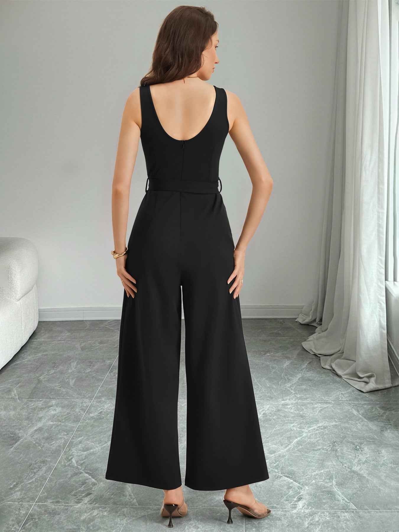Elegant Black White Color Contrast Patchwork Sling Jumpsuit