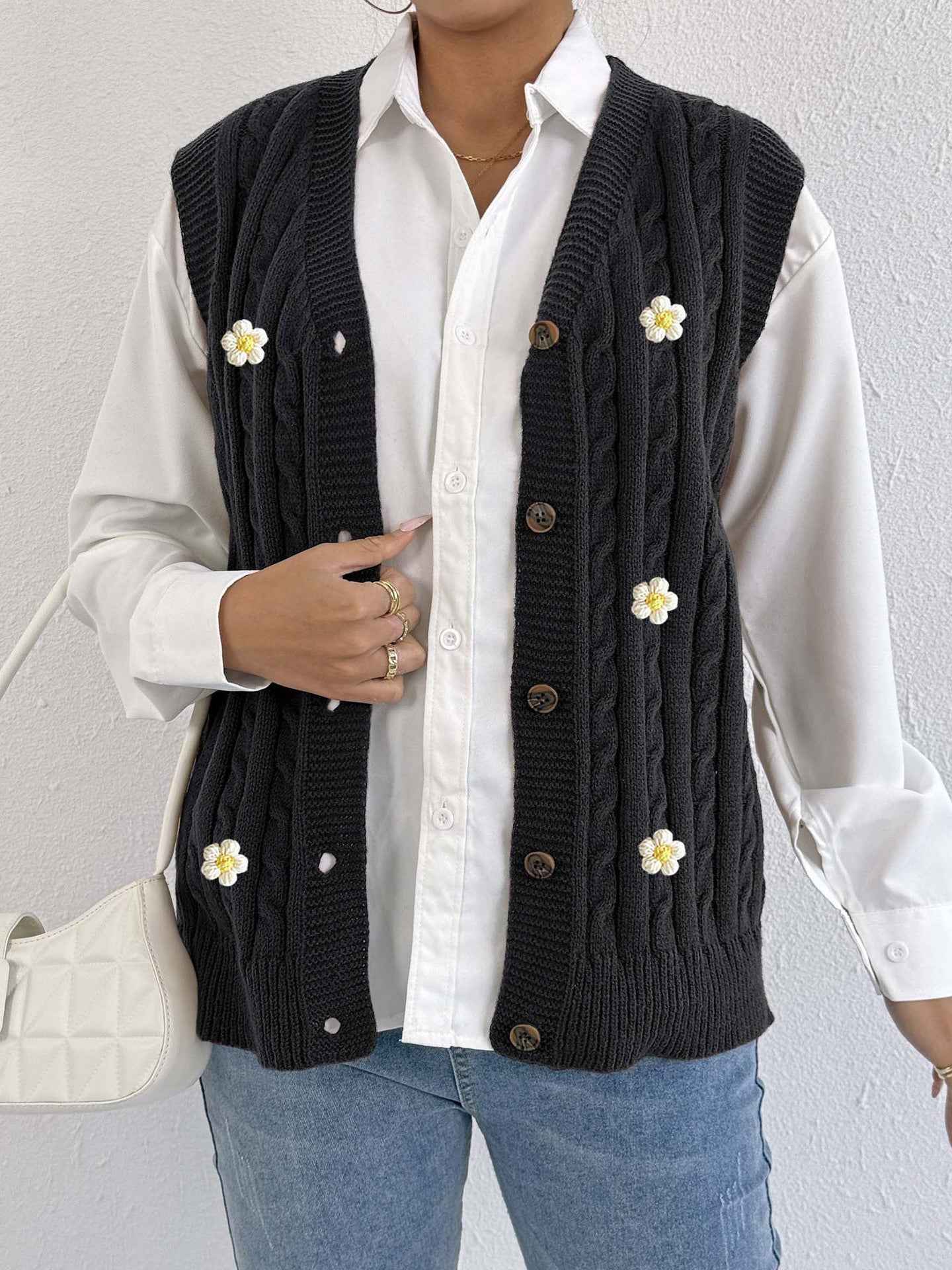 Sweater Vest Twist Woven Three Dimensional Floral Stitching (Small Only)