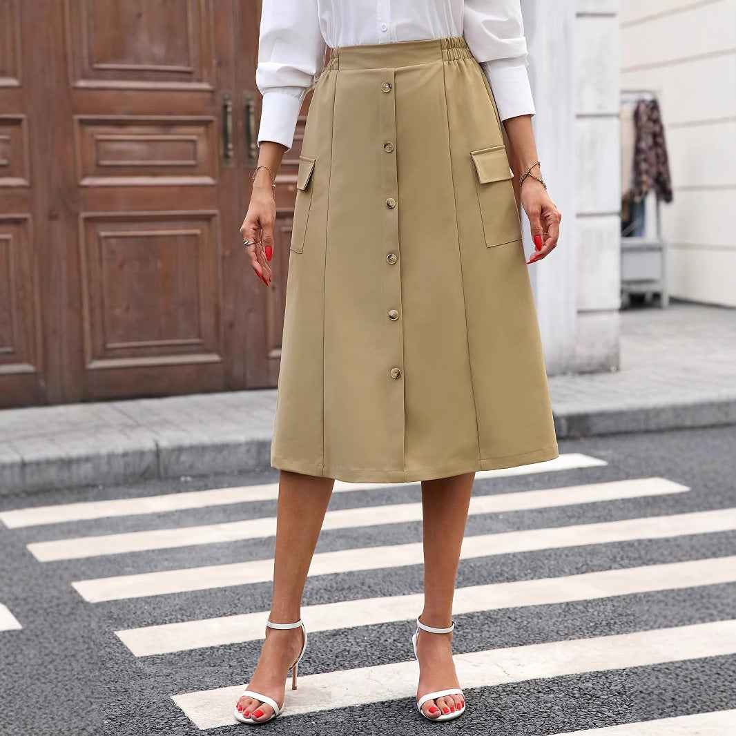 Retro High Waist A line Slimming Mid Length Skirt