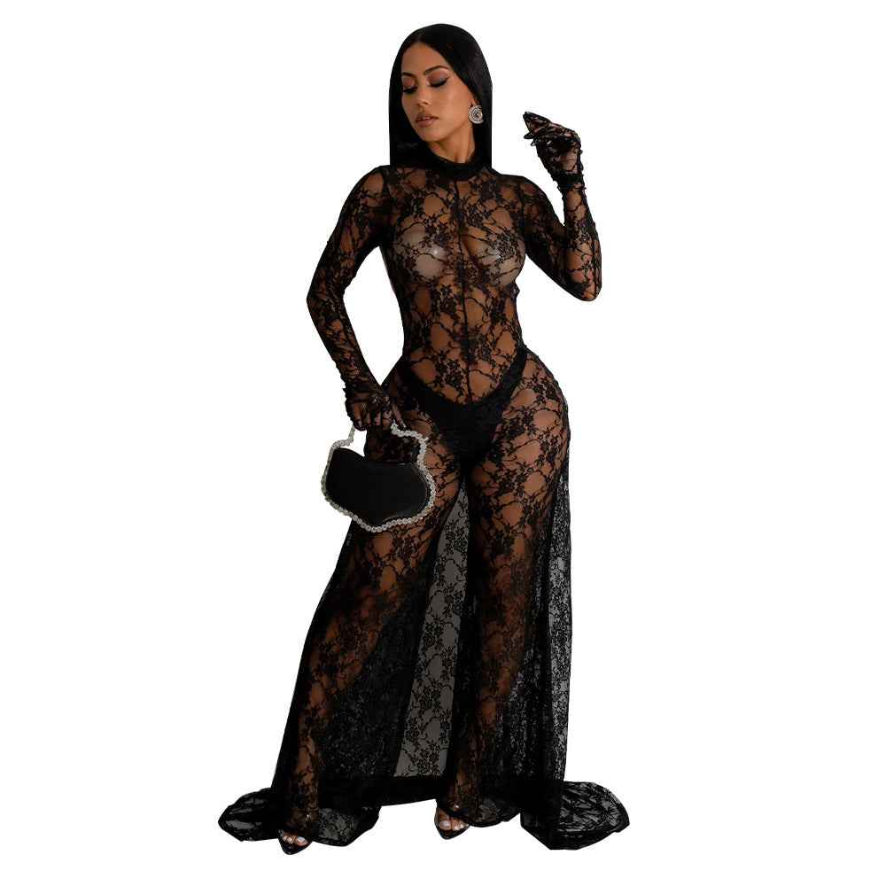 See through Lace Backless Lace up Jumpsuit