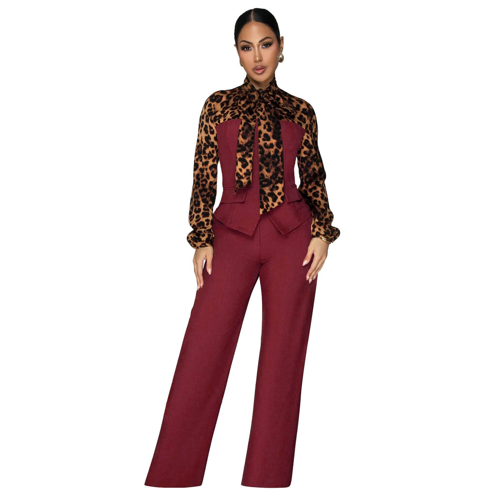 Leopard Collar Blouse Casual Set