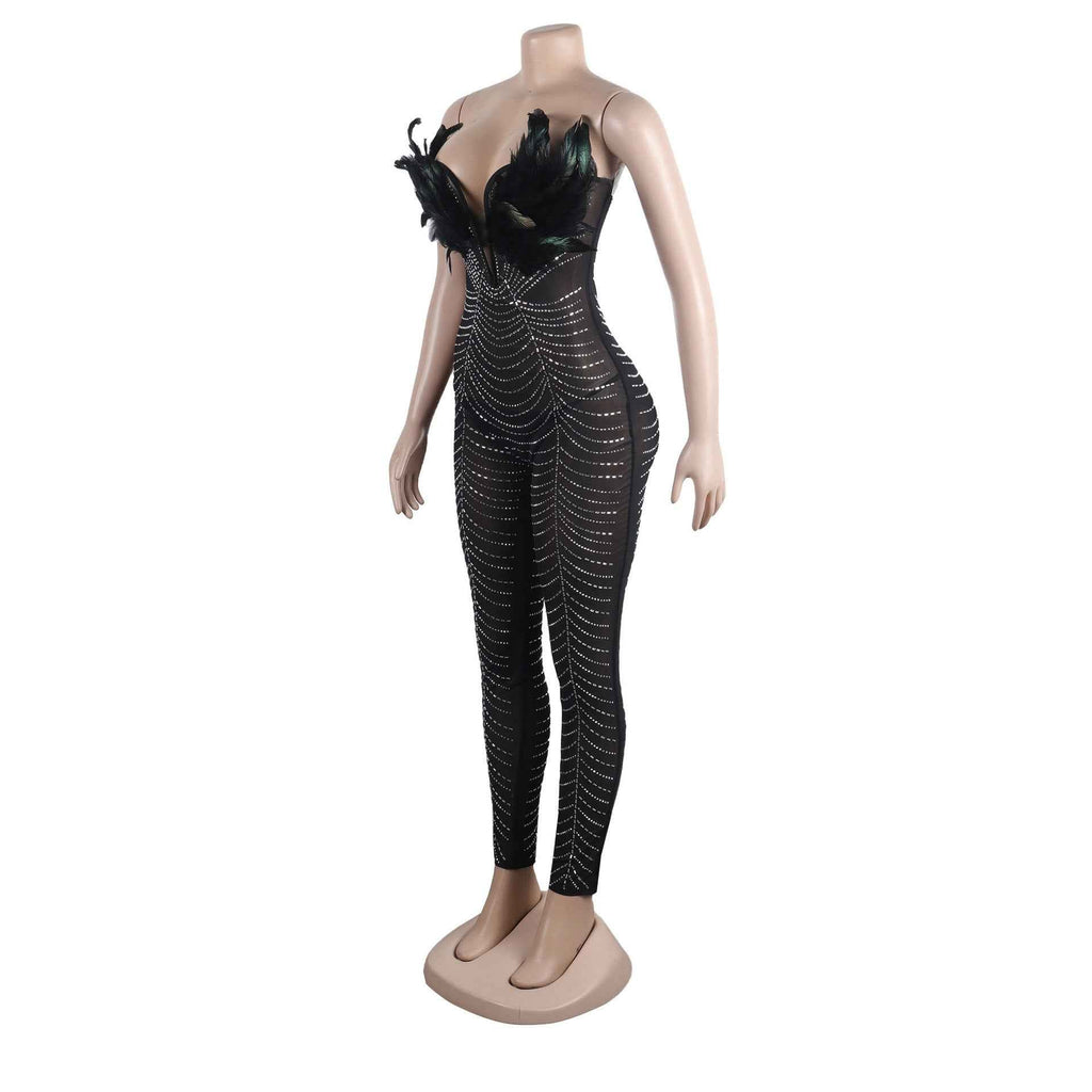 Sexy Feather Rhinestone Slim Fit Sheath Sleeveless Jumpsuit