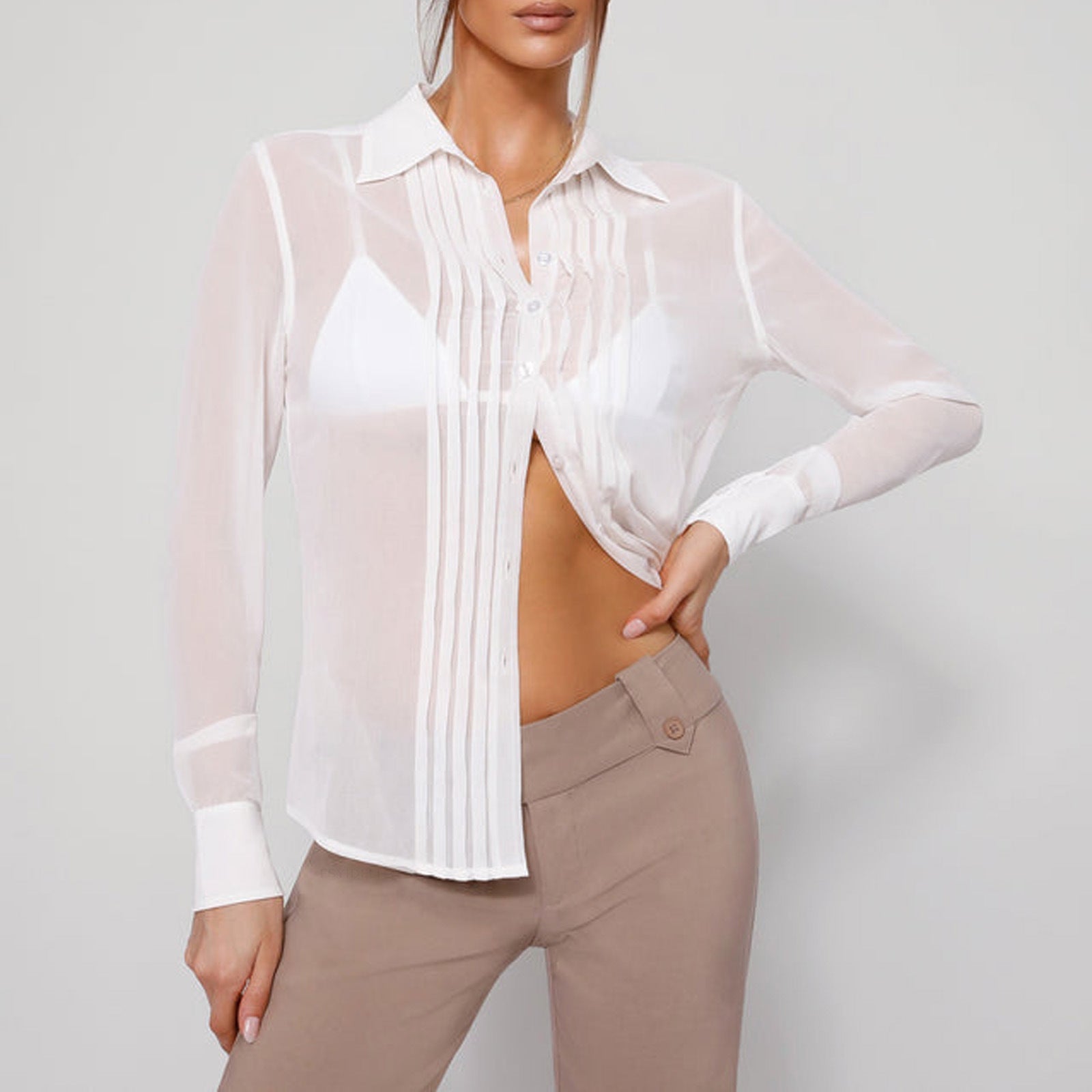 Women Polo Collar Shirt Vest Two Piece Set Sexy Halter Waist Tight Top