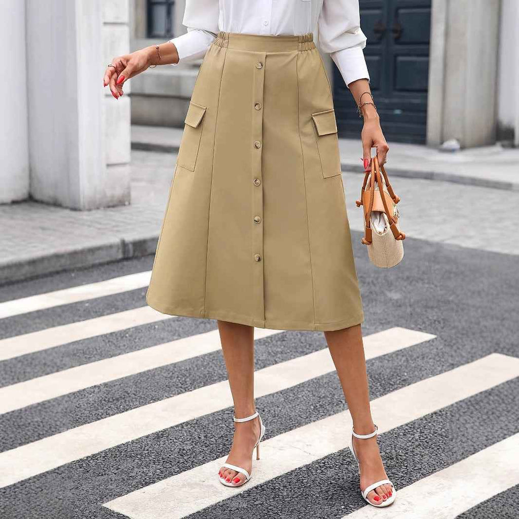 Retro High Waist A line Slimming Mid Length Skirt