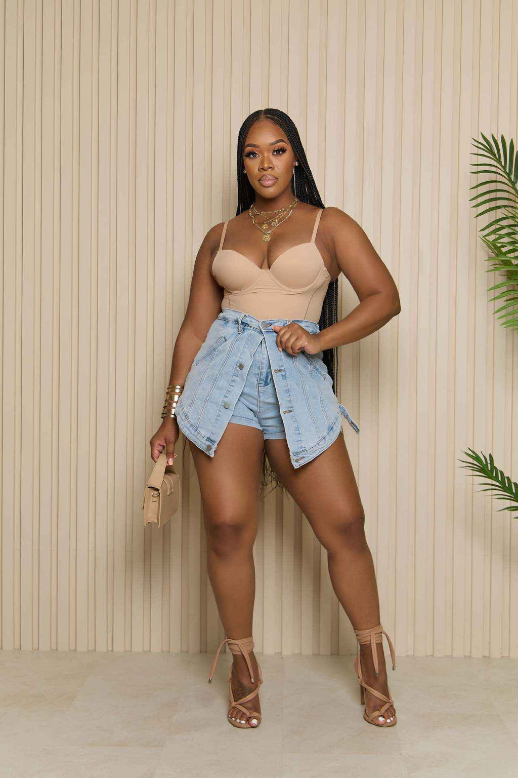 Elastic Denim Two Piece Skort