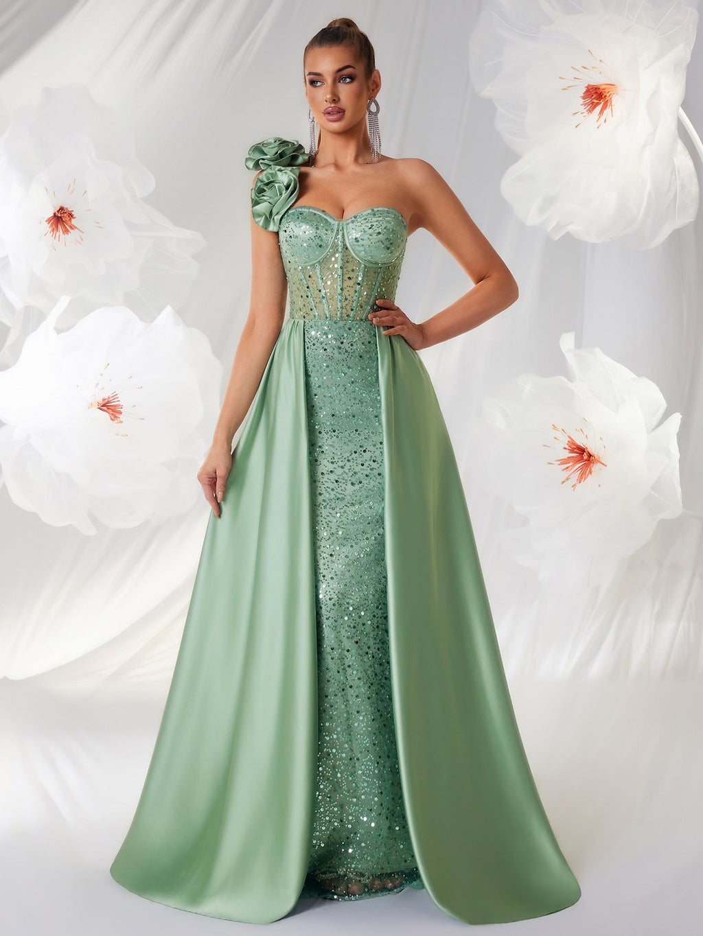 "The Socialite" Elegant Green Tube Top One Shoulder Evening Dress Three Dimensional Floral Pattern
