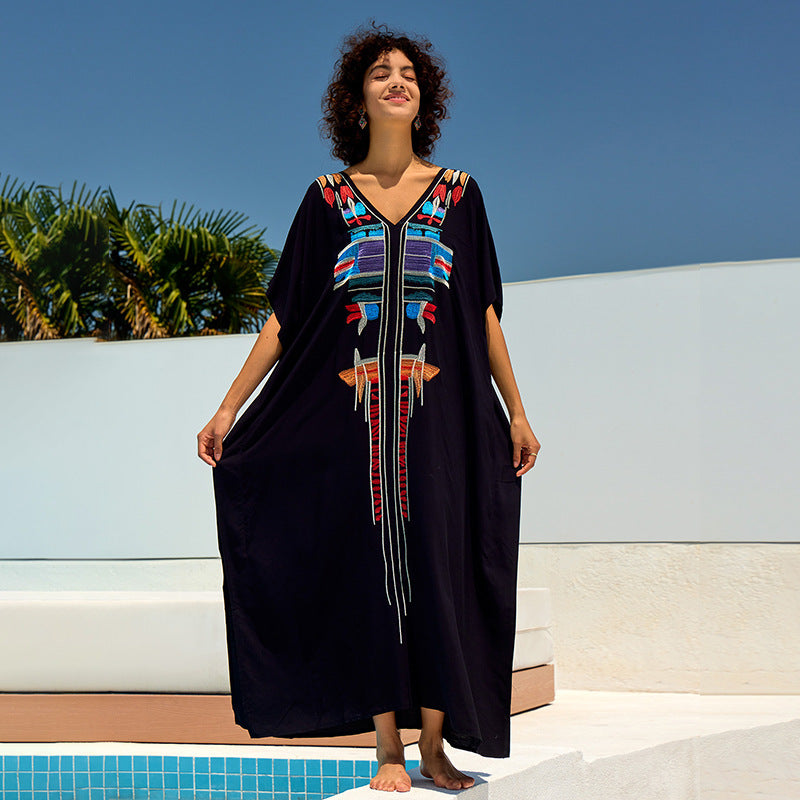 Rayon Embroidered Loose Maxi Dress Beach Jacket Vacation Maxi Dress Beach Cover Up