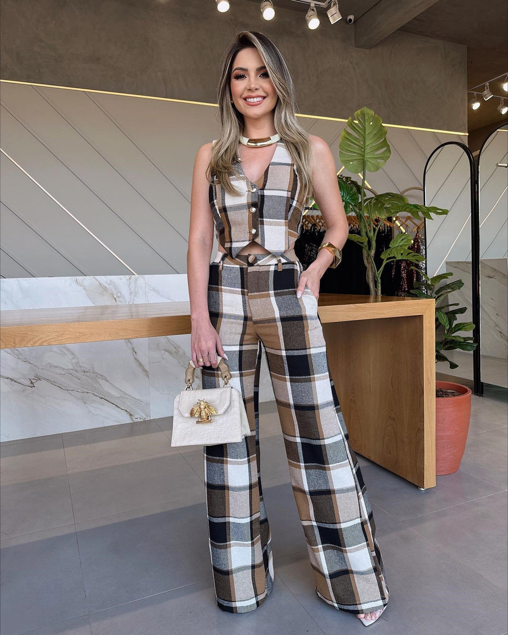 Plaid Sleeveless Vest Straight-leg Jumpsuit
