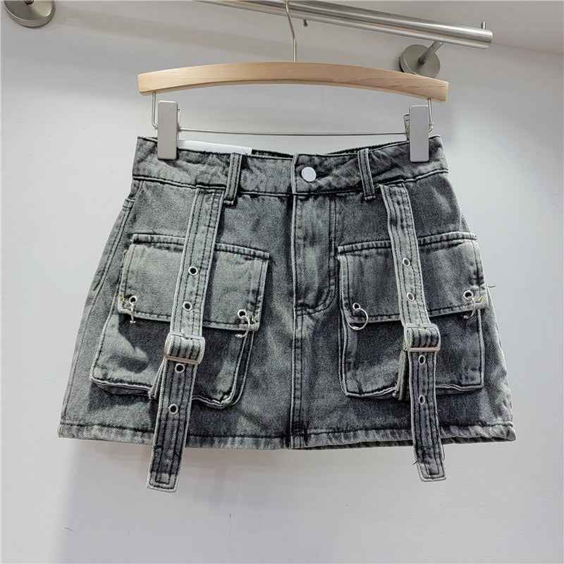 Retro Sexy Pink Three Dimensional Pocket Strap Anti Exposure A Line Slimming Skirt