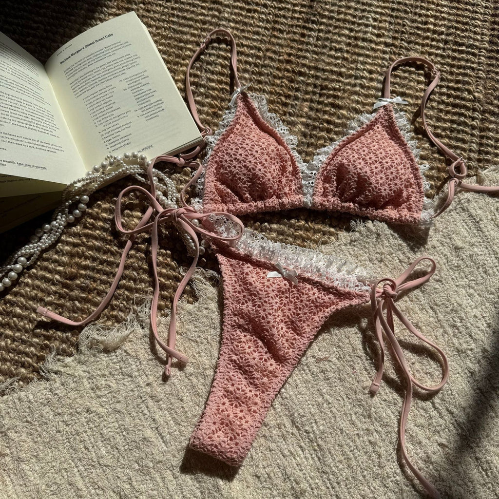 Contrast Color Bow Flounce Trim Lace up Sexy Backless Split Swimsuit Bikini