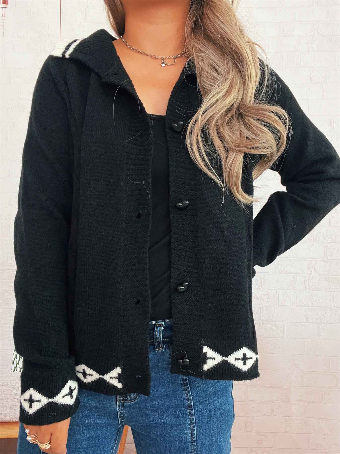Valentine's Day Retro Pattern Cute Love Button Long Sleeve Knit Cardigan Sweater