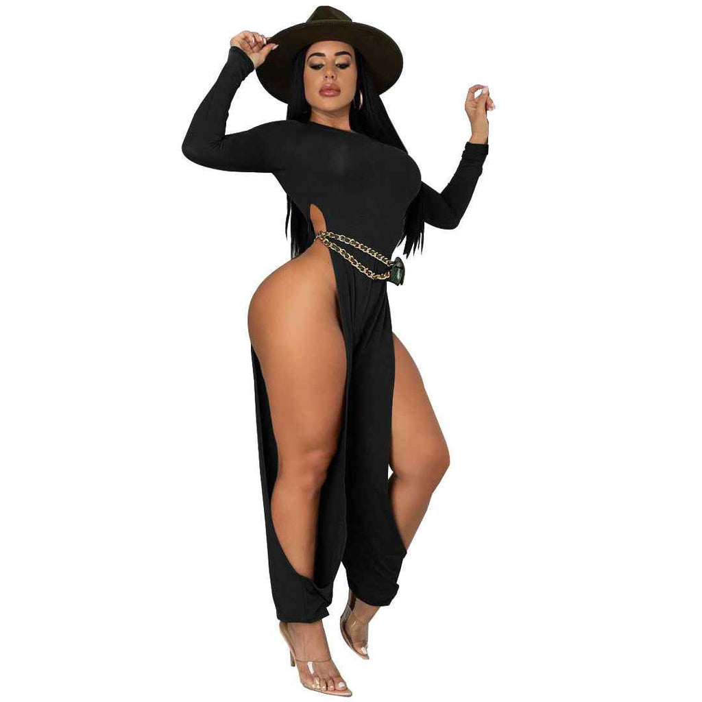 Sexy Open-Leg Jumpsuit Solid Color