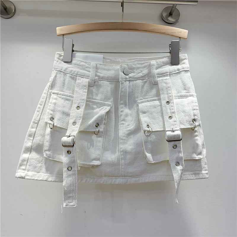 Retro Sexy Pink Three Dimensional Pocket Strap Anti Exposure A Line Slimming Skirt