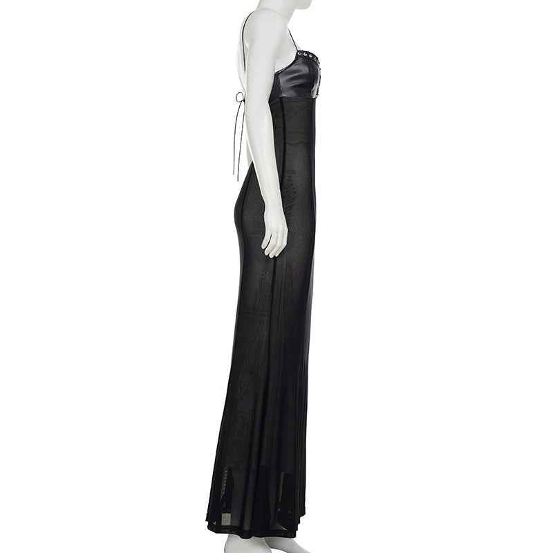 Mesh Leather Slim Fit Patchwork Wrapped Dress