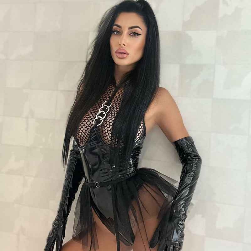 Sexy Patent Leather One Piece Mesh Backless See through Sexy Lingerie Set