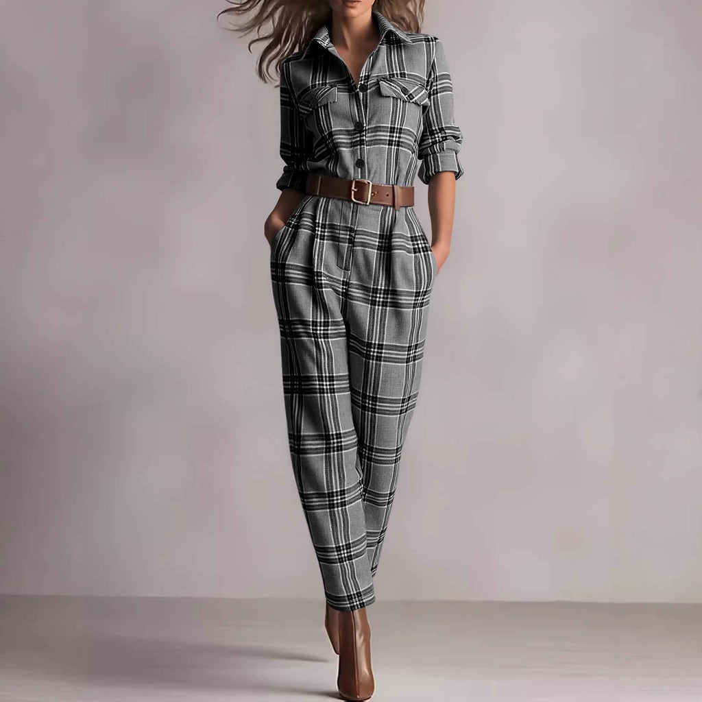 Collared Button Retro Plaid High Waist w Pocket Jumpsuit for Women