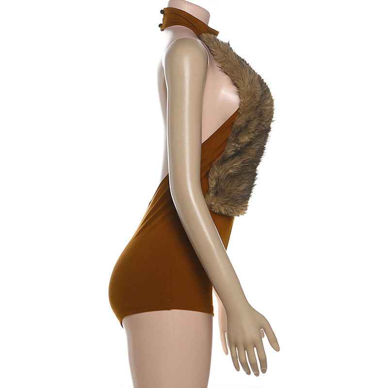 Sexy Fur Stitching Halter Cut out Backless Romper