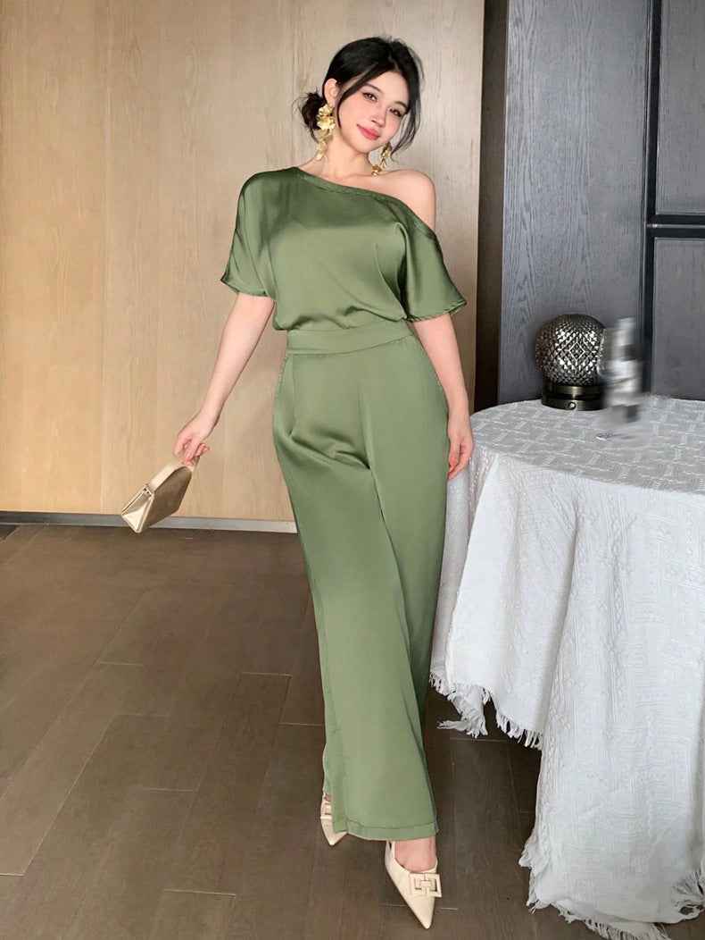 Satin Jumpsuit for Women Elegant Asymmetric
