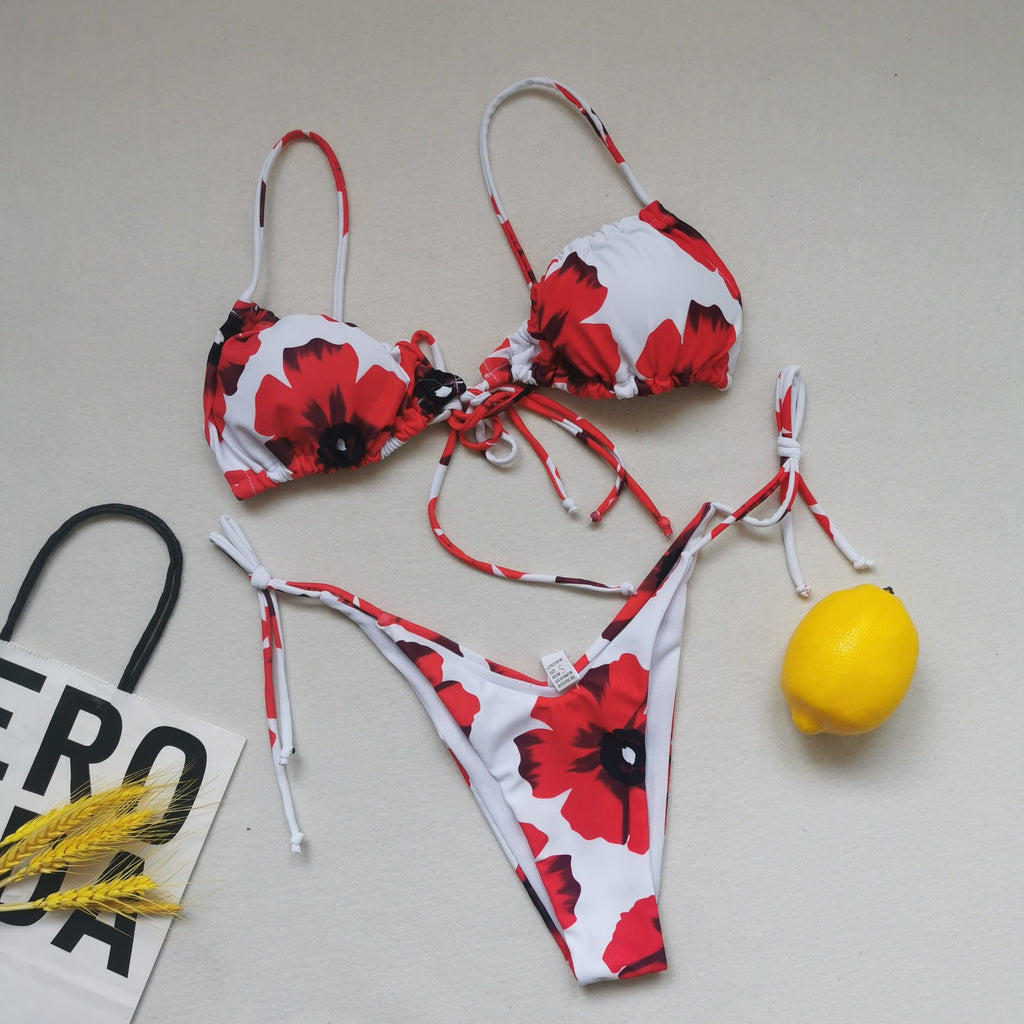 Sling Bandage Swimsuit Women Pleated Push up Drawstring Sexy Solid Color Bikini Swimsuit