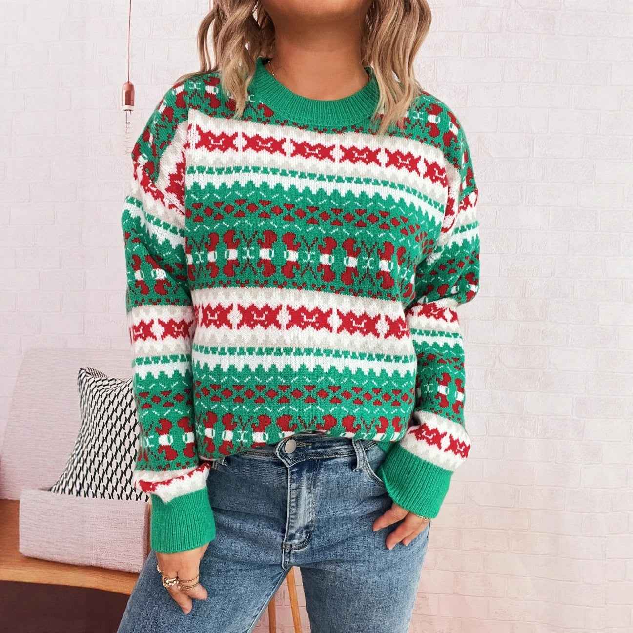 Christmas Jacquard Contrast Knitted Pullover Casual Sweater