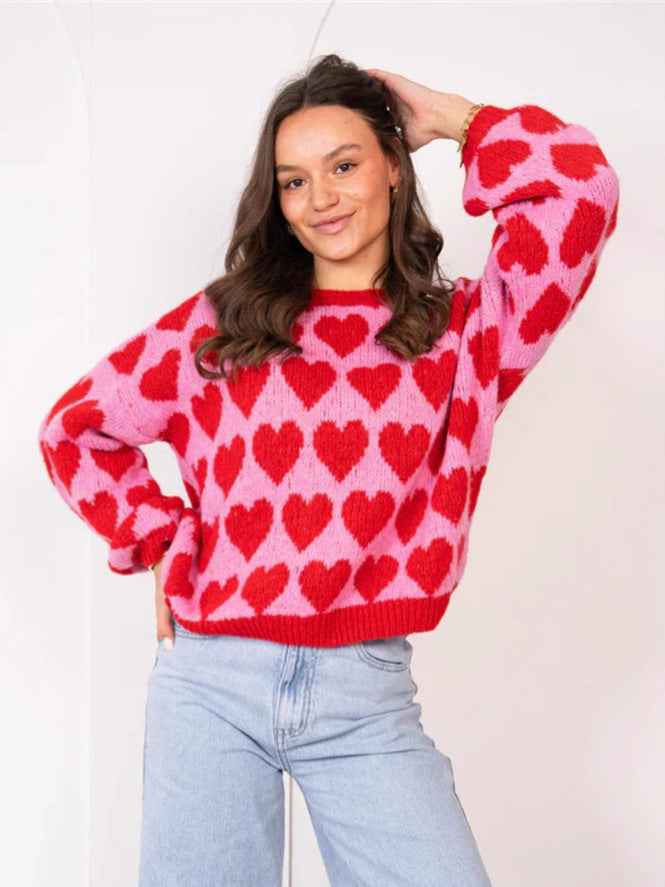 Valentine's Day Sweater Cute Love Jacquard Color Contrast