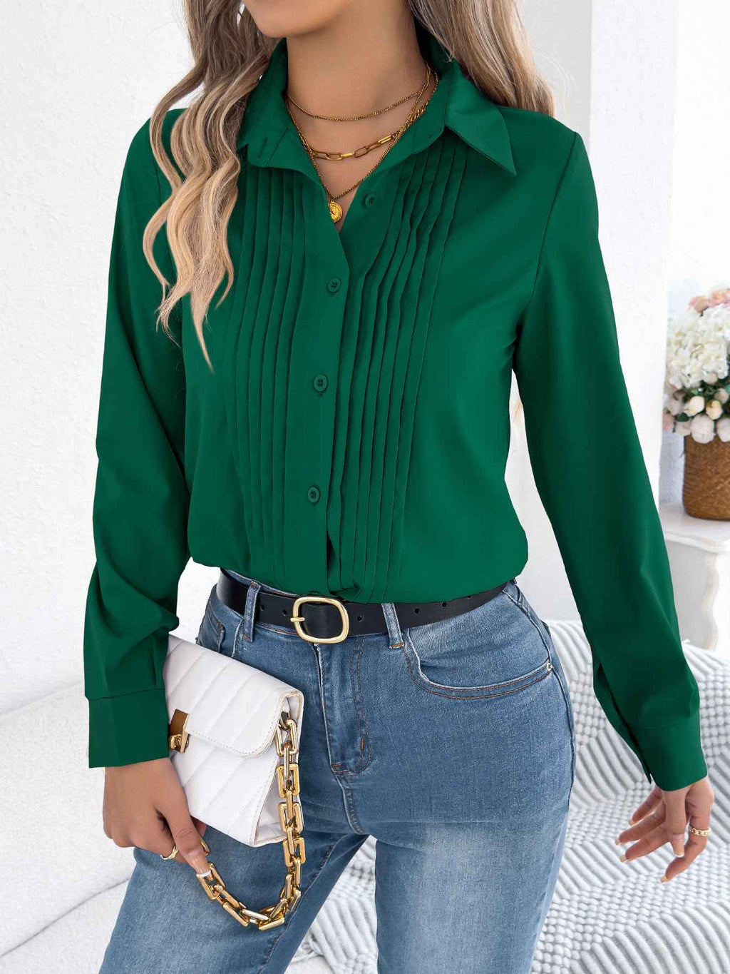 Elegant Pleated Solid Color Button Blouse