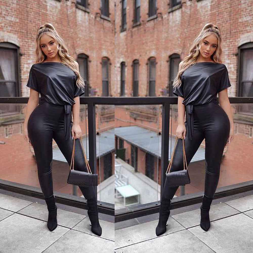 Off The Shoulder Slim Fit One Piece Leather Jumpsuit