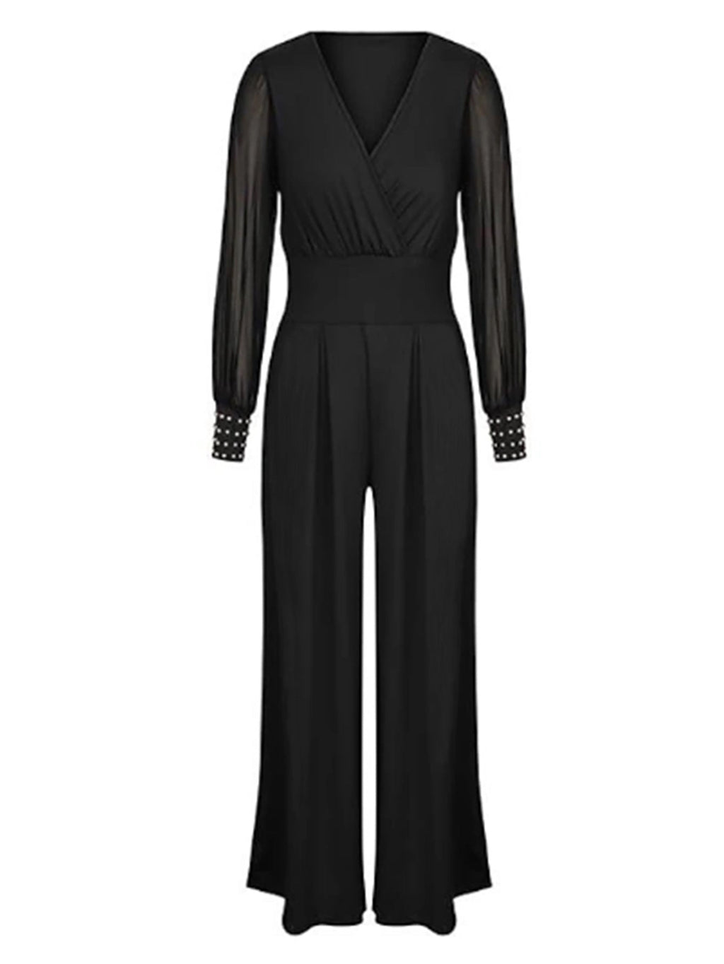 V neck Mesh Stitching Rivet Long Sleeve Loose Jumpsuit